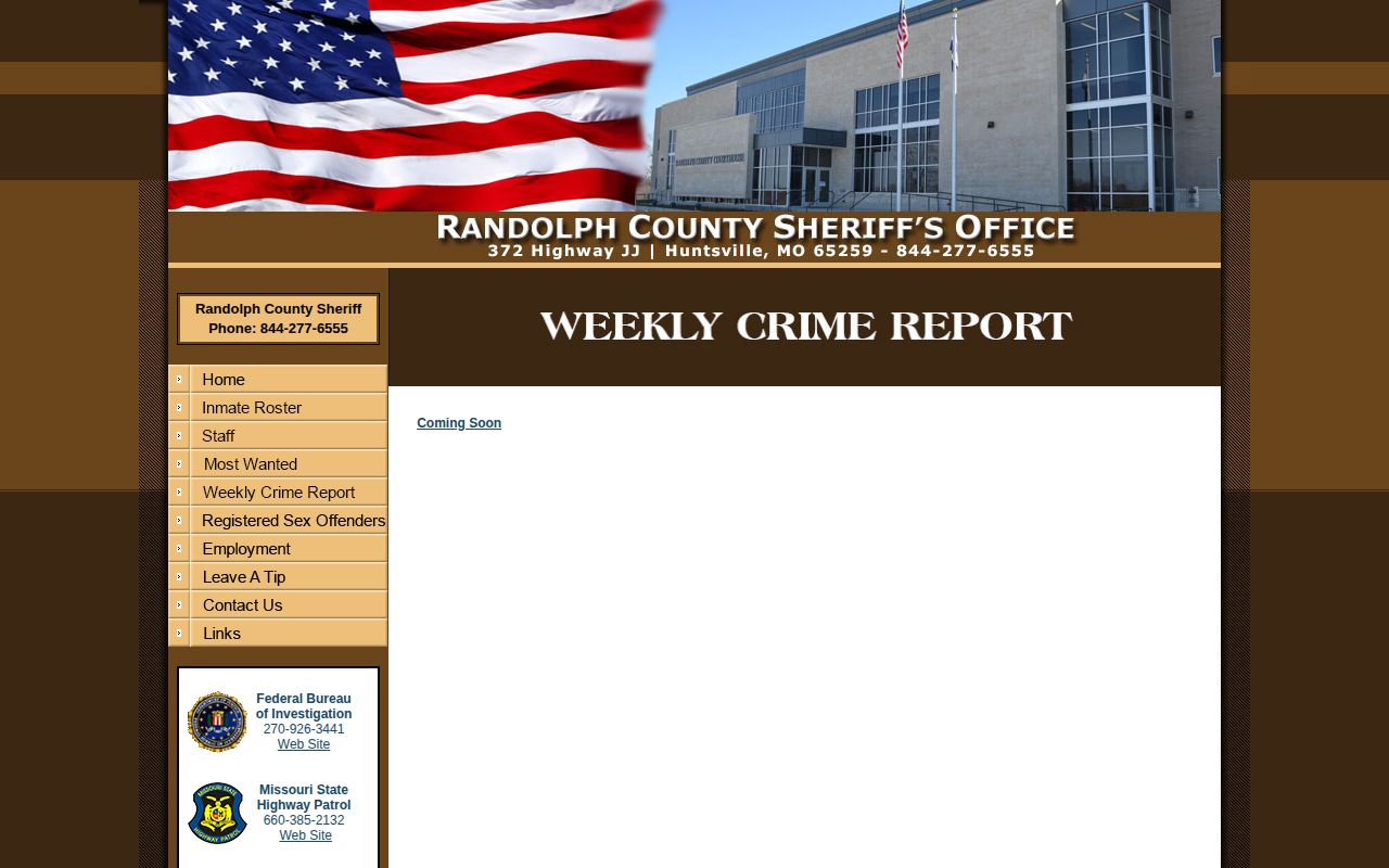 Randolph County arrest report page showing the Coming Soon notice