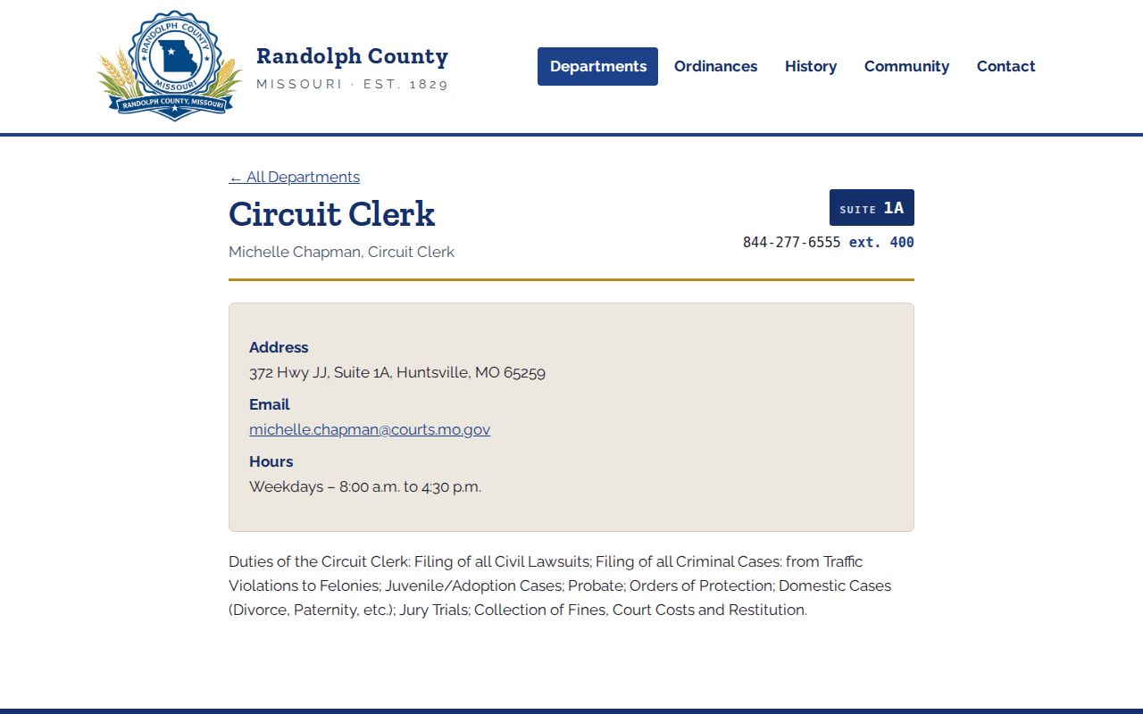 Randolph County Circuit Clerk contact for Huntsville arrest case records