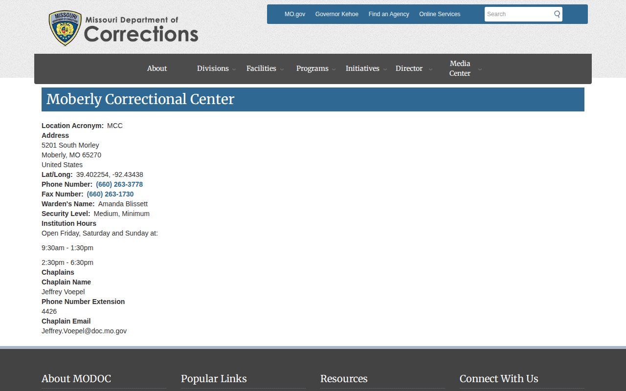 Moberly Correctional Center state custody page compared with Randolph County arrest records