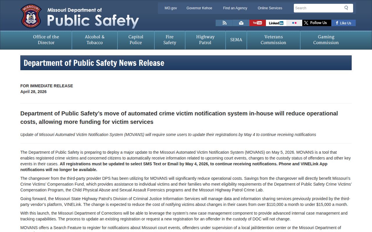 Missouri MOVANS May 2026 alert change for Randolph County custody checks